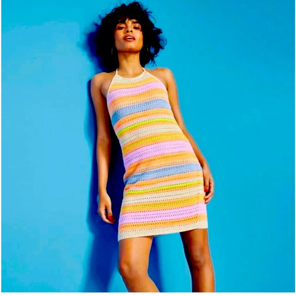 House of Harlow 1960 Pastel Striped Crochet Mini Dress